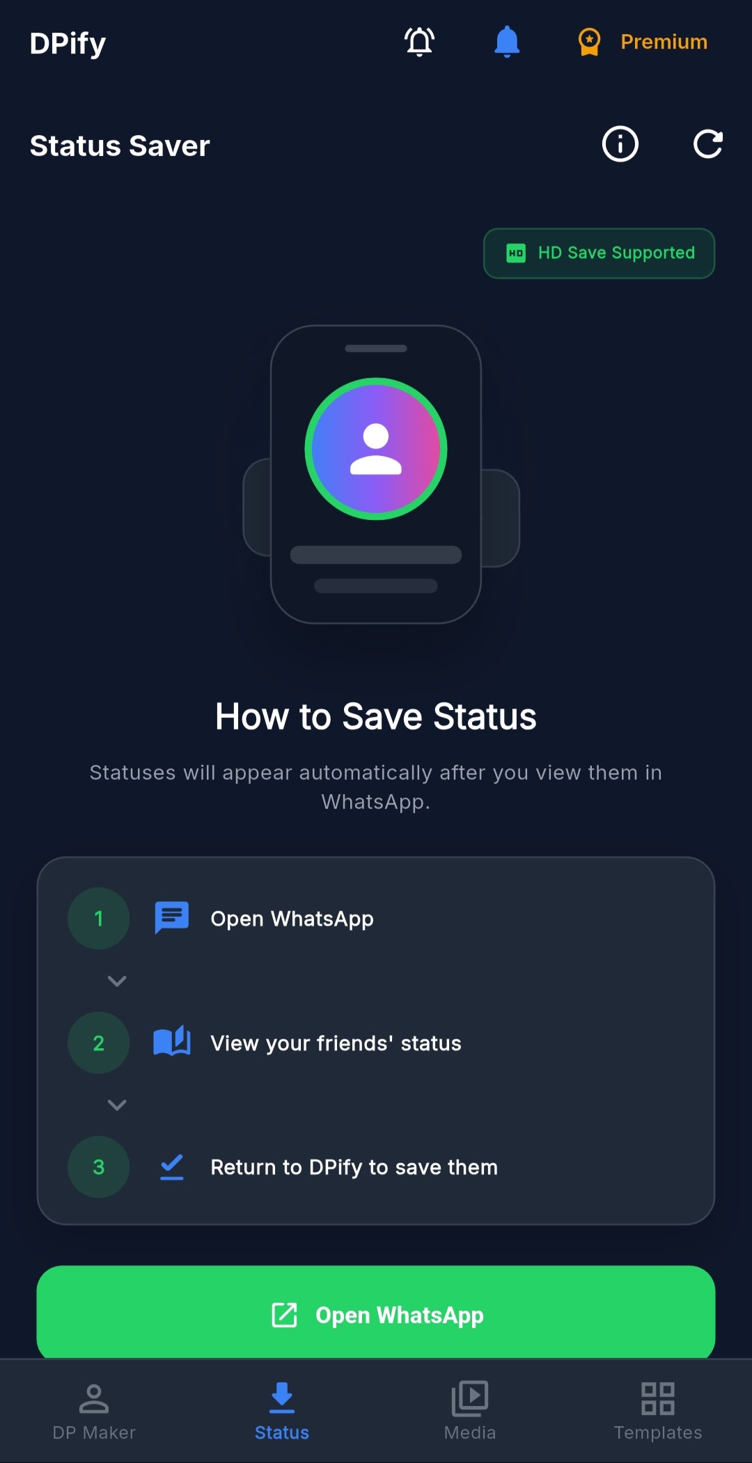 DPify HD Status Saver screen